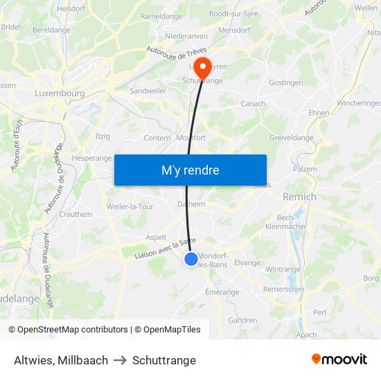 Altwies, Millbaach to Schuttrange map