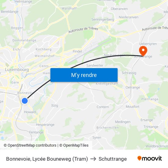 Bonnevoie, Lycée Bouneweg (Tram) to Schuttrange map