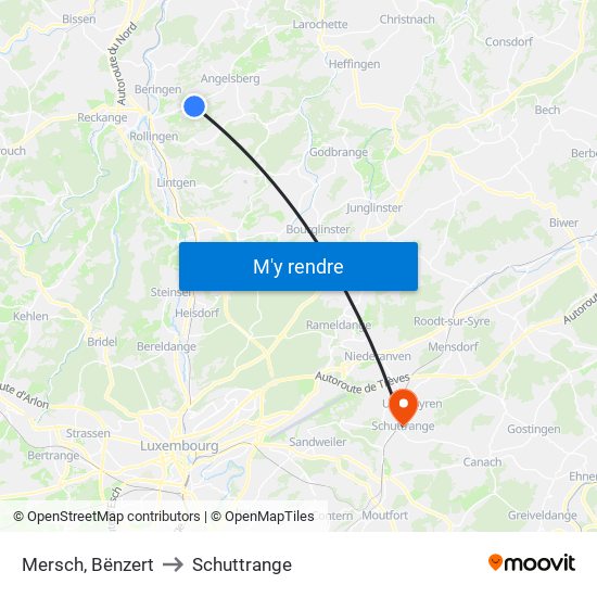 Mersch, Bënzert to Schuttrange map