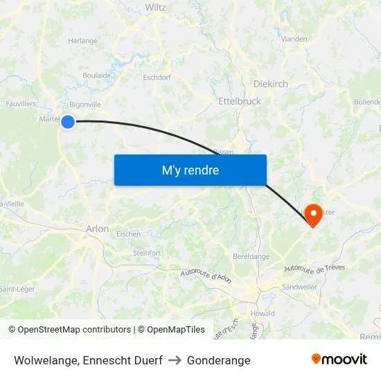 Wolwelange, Ennescht Duerf to Gonderange map
