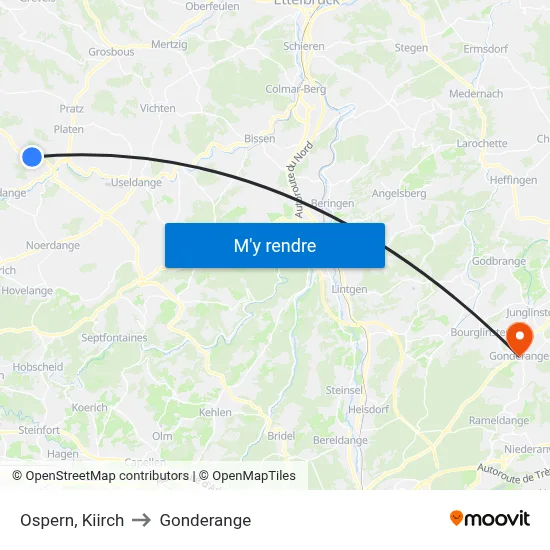 Ospern, Kiirch to Gonderange map