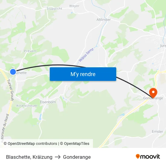 Blaschette, Kräizung to Gonderange map