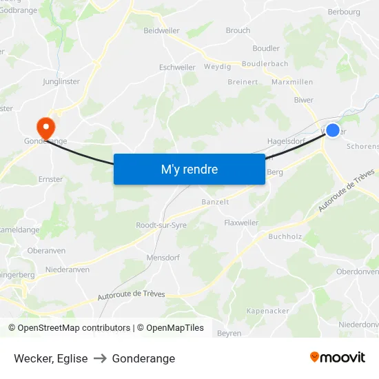 Wecker, Eglise to Gonderange map