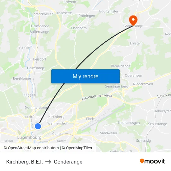 Kirchberg, B.E.I. to Gonderange map
