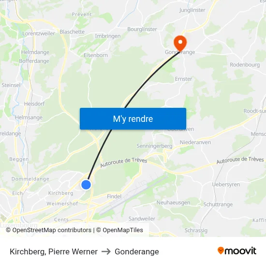 Kirchberg, Pierre Werner to Gonderange map