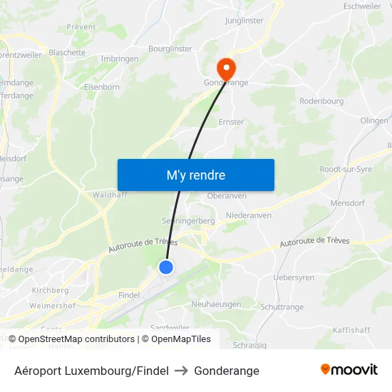 Aéroport Luxembourg/Findel to Gonderange map