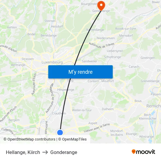 Hellange, Kiirch to Gonderange map