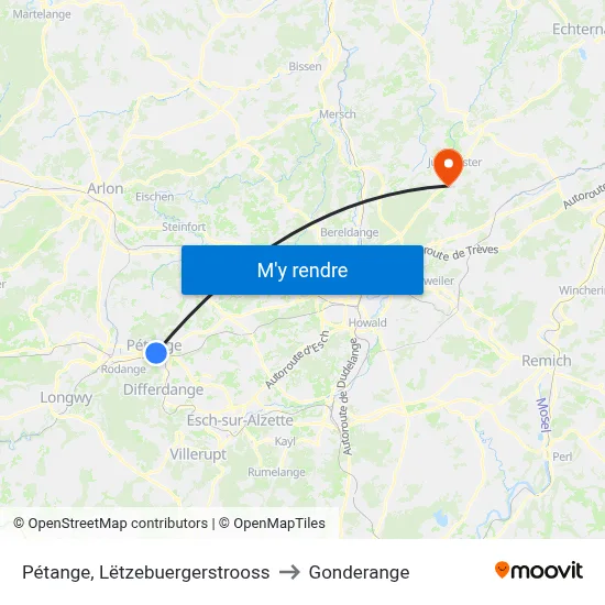 Pétange, Lëtzebuergerstrooss to Gonderange map