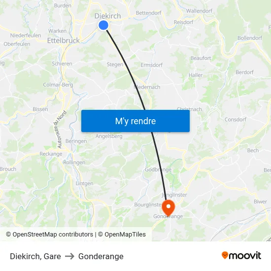 Diekirch, Gare to Gonderange map