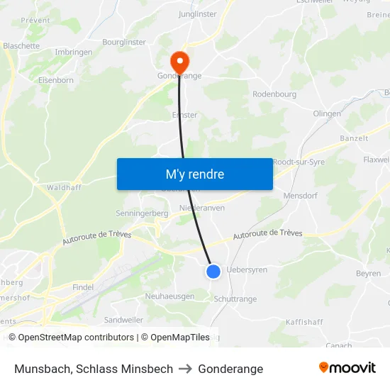 Munsbach, Schlass Minsbech to Gonderange map