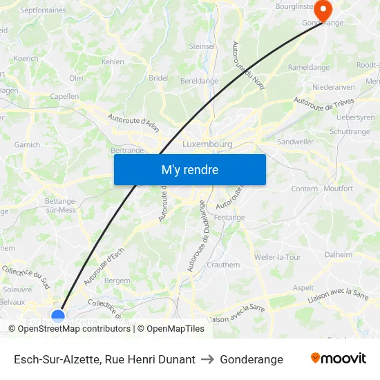 Esch-Sur-Alzette, Rue Henri Dunant to Gonderange map