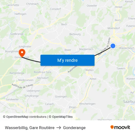 Wasserbillig, Gare Routière to Gonderange map