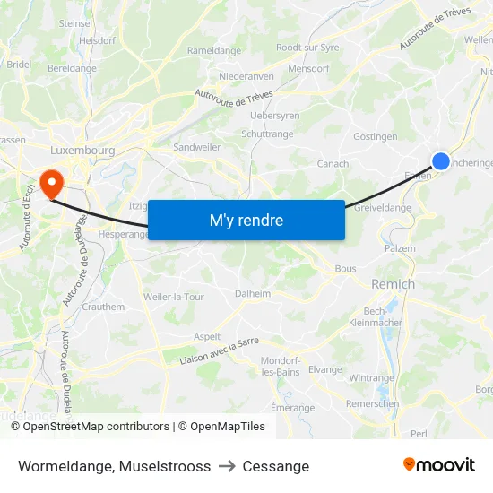 Wormeldange, Muselstrooss to Cessange map