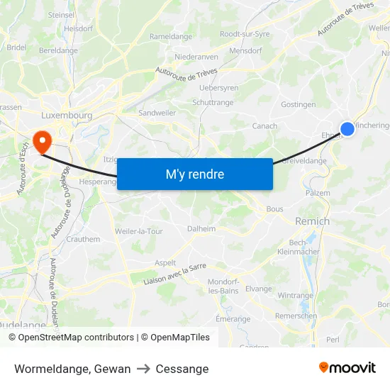 Wormeldange, Gewan to Cessange map
