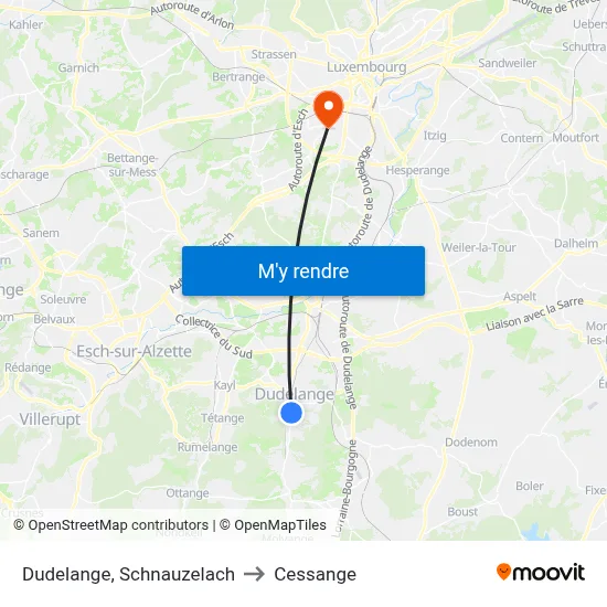 Dudelange, Schnauzelach to Cessange map