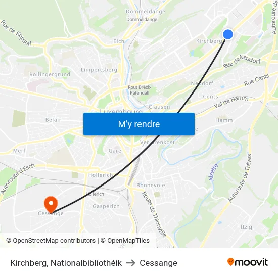 Kirchberg, Nationalbibliothéik to Cessange map