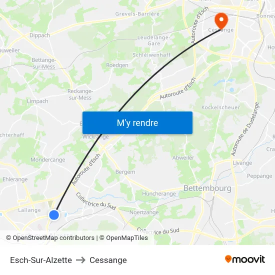 Esch-Sur-Alzette to Cessange map