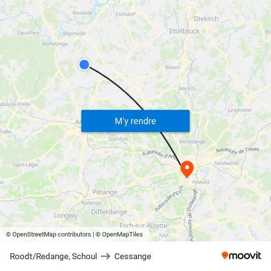 Roodt/Redange, Schoul to Cessange map