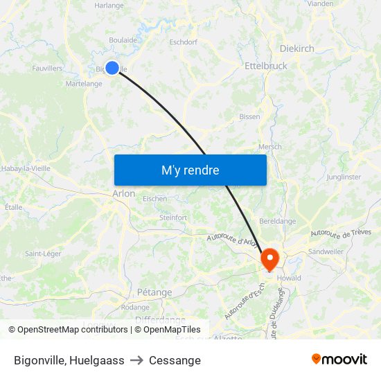 Bigonville, Huelgaass to Cessange map
