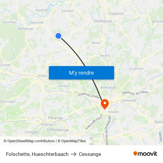 Folschette, Hueschterbaach to Cessange map