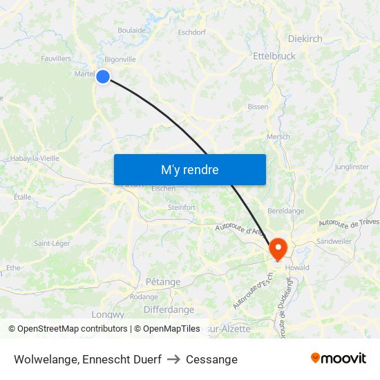 Wolwelange, Ennescht Duerf to Cessange map