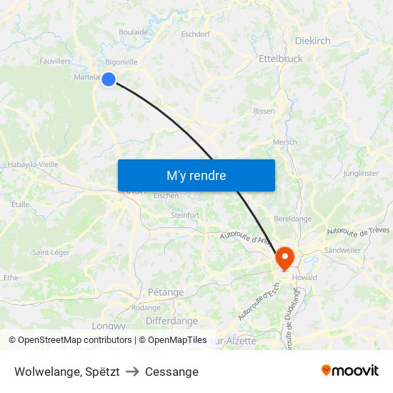Wolwelange, Spëtzt to Cessange map
