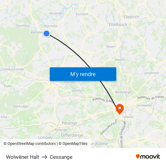 Wolwëner Halt to Cessange map