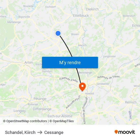 Schandel, Kiirch to Cessange map