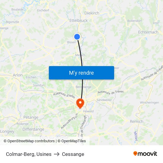Colmar-Berg, Usines to Cessange map