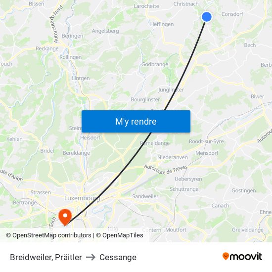 Breidweiler, Präitler to Cessange map