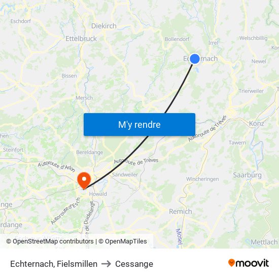 Echternach, Fielsmillen to Cessange map