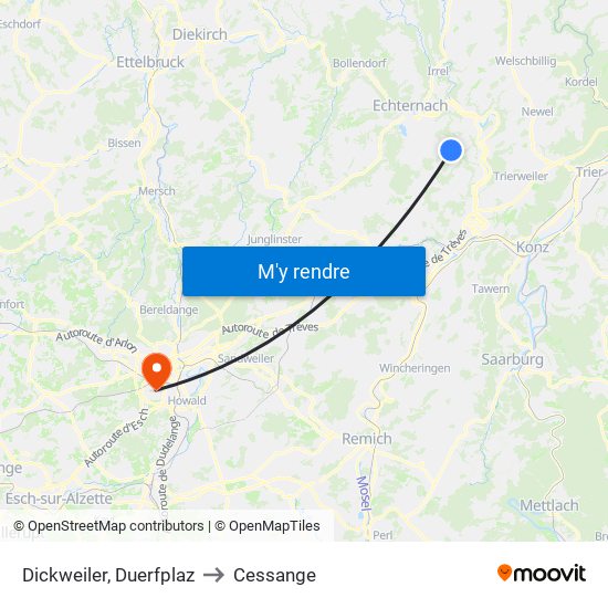 Dickweiler, Duerfplaz to Cessange map