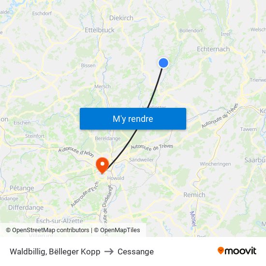 Waldbillig, Bëlleger Kopp to Cessange map