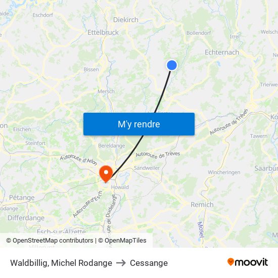 Waldbillig, Michel Rodange to Cessange map