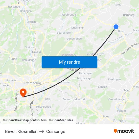 Biwer, Klosmillen to Cessange map