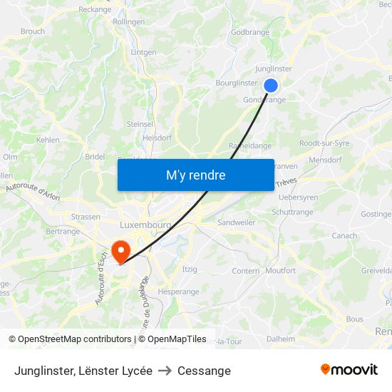 Junglinster, Lënster Lycée to Cessange map