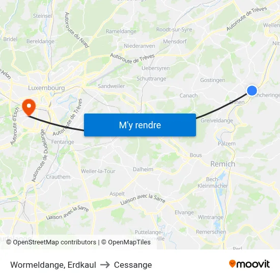 Wormeldange, Erdkaul to Cessange map