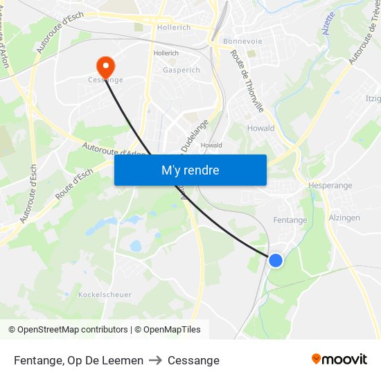 Fentange, Op De Leemen to Cessange map