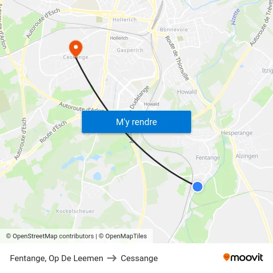 Fentange, Op De Leemen to Cessange map
