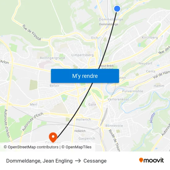 Dommeldange, Jean Engling to Cessange map