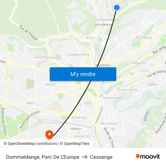 Dommeldange, Parc De L'Europe to Cessange map