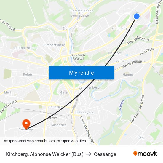 Kirchberg, Alphonse Weicker (Bus) to Cessange map