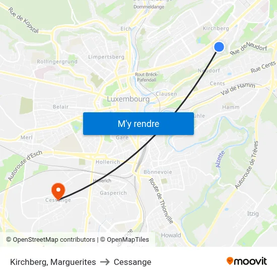 Kirchberg, Marguerites to Cessange map