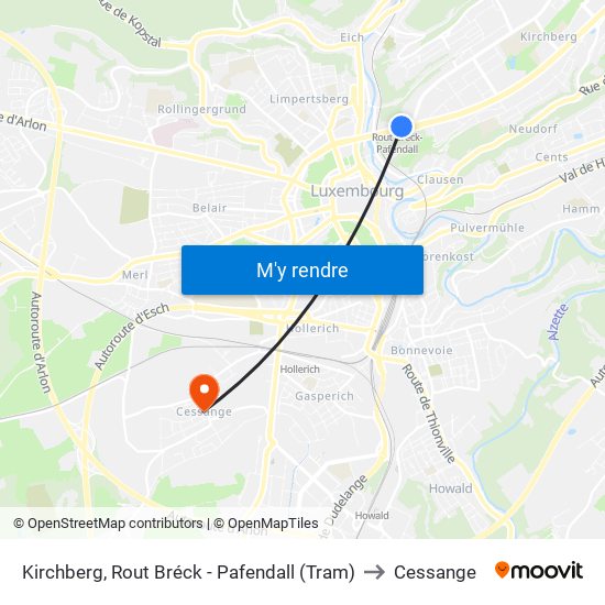 Kirchberg, Rout Bréck - Pafendall (Tram) to Cessange map