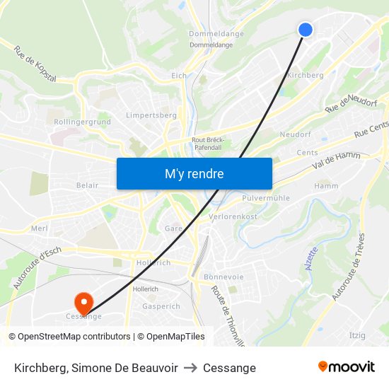 Kirchberg, Simone De Beauvoir to Cessange map