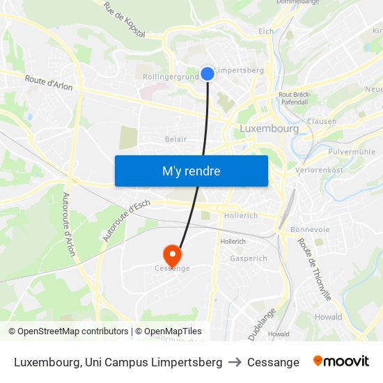 Luxembourg, Uni Campus Limpertsberg to Cessange map