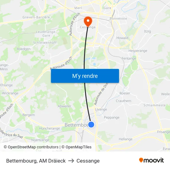 Bettembourg, AM Dräieck to Cessange map
