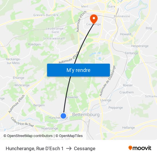 Huncherange, Rue D'Esch 1 to Cessange map
