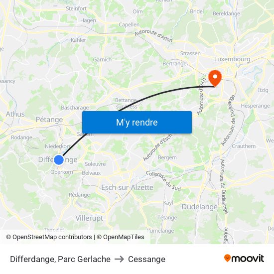 Differdange, Parc Gerlache to Cessange map