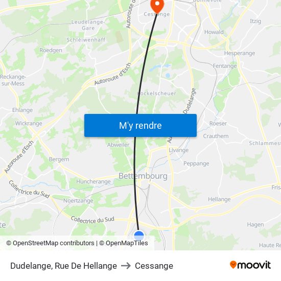 Dudelange, Rue De Hellange to Cessange map
